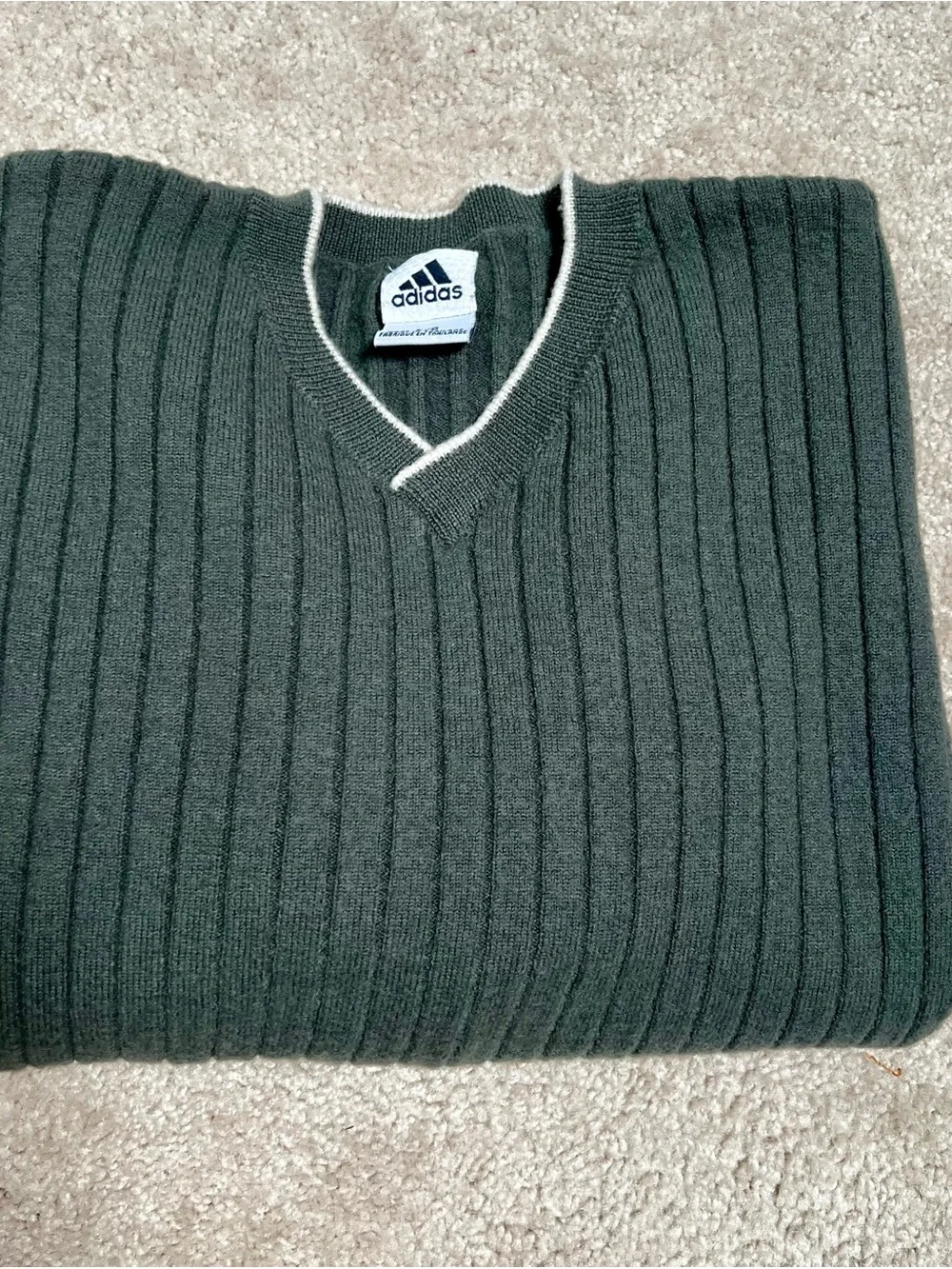 ADIDAS 2001 Vintage 100% Wool Ribbed V-Neck Sage/Gray Sweater